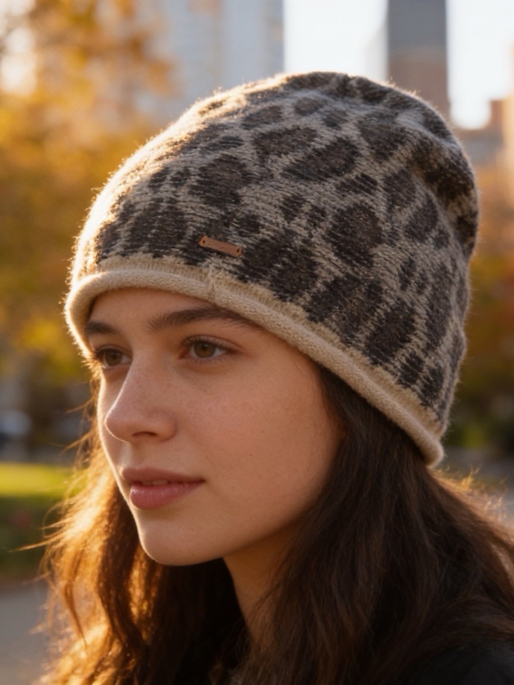 Free People Beanie Hat Animal Print Wool Blend Knit Winter Cap Warm Fuzzy
